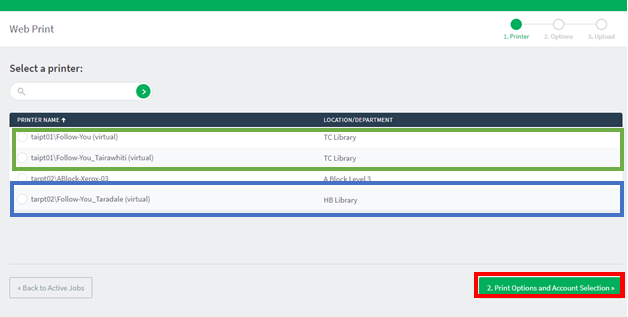 Print options and account selection